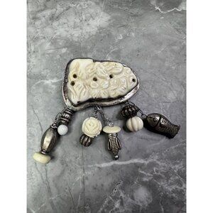 Amy Kahn Russell AKR Brooch/Pendant  Carved Stone With Sterling Silver Dangles